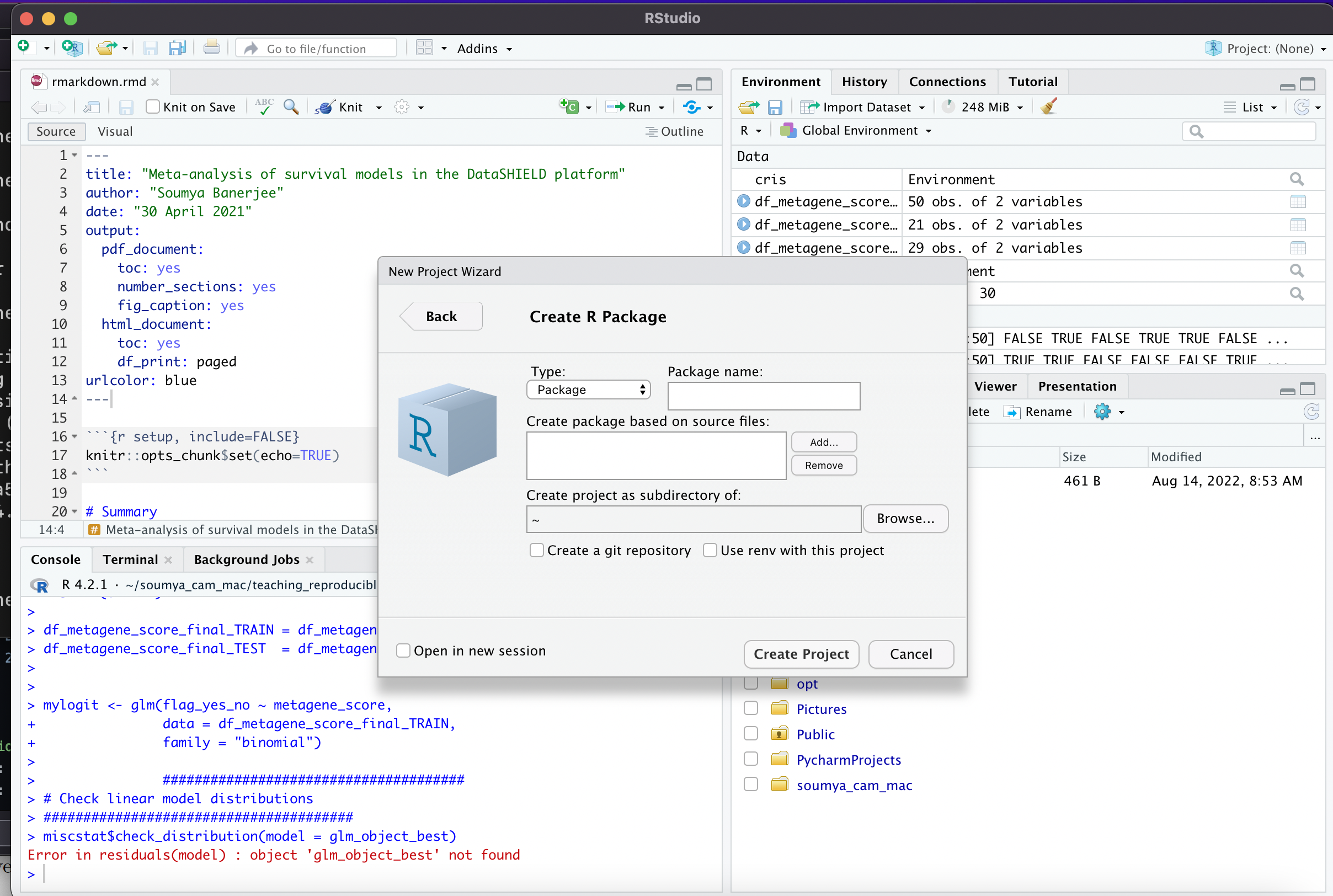 A screenshot of how to create R packages in R Studio