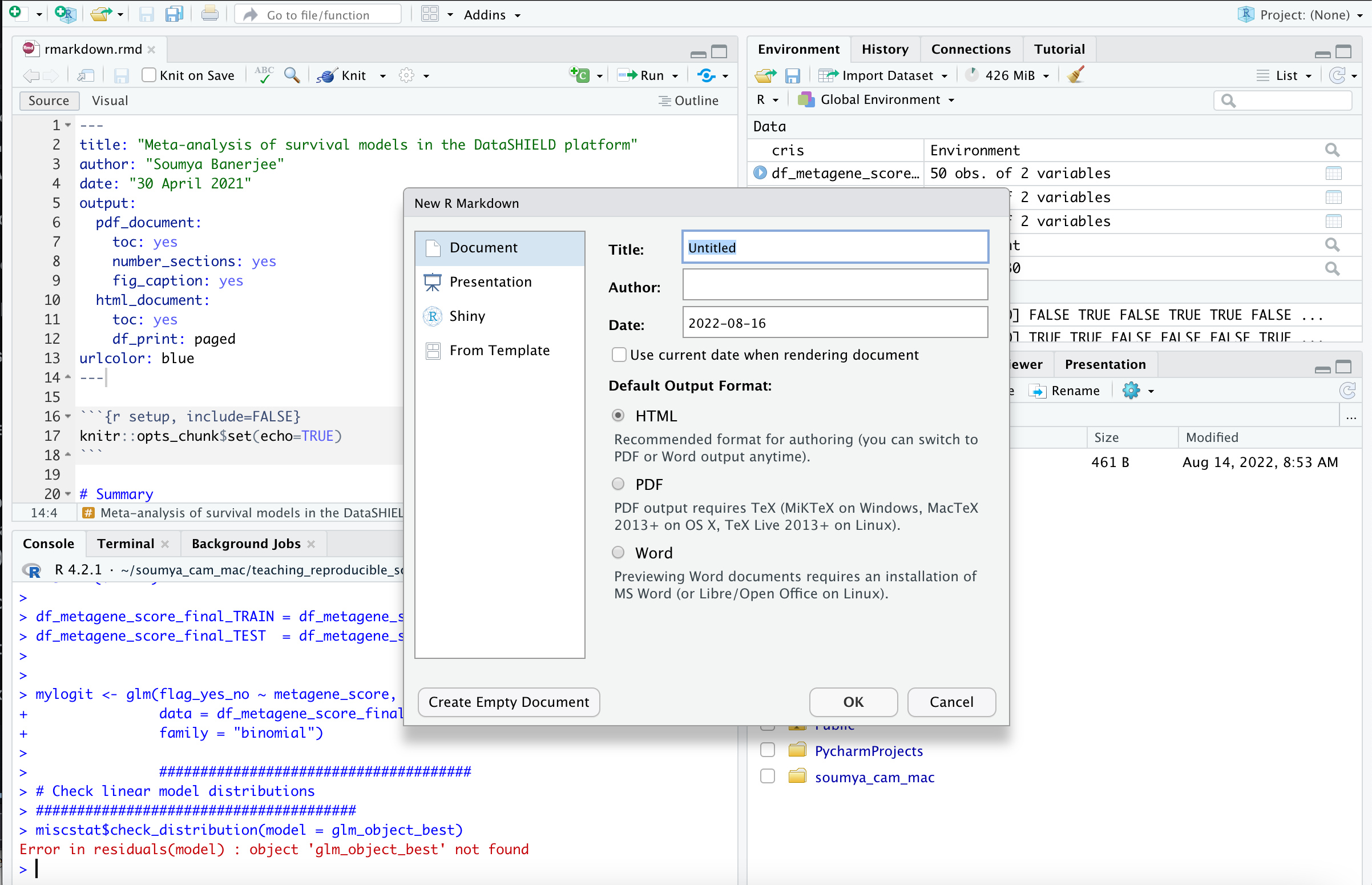A screenshot of how to create R markdowns in R Studio